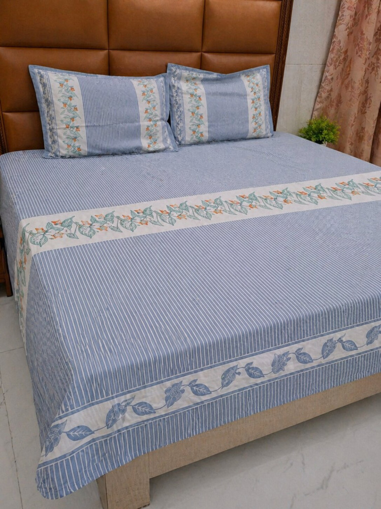 Image of Leaf Stripes Pure Cotton Super King Size Bedsheet