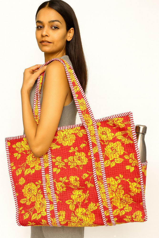 Image of Marigold Bloom Cotton  Quilted Tote Bag with zip clousure and side pocket