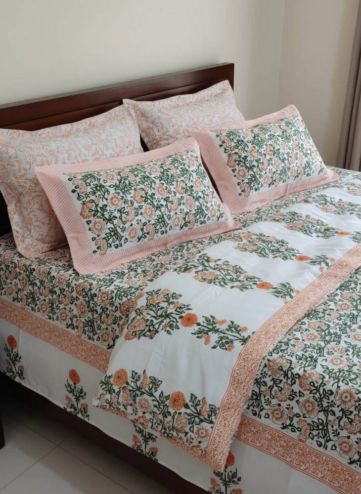Image of Marigold Bloom Percale Cotton Handblock King Size Bedsheet
