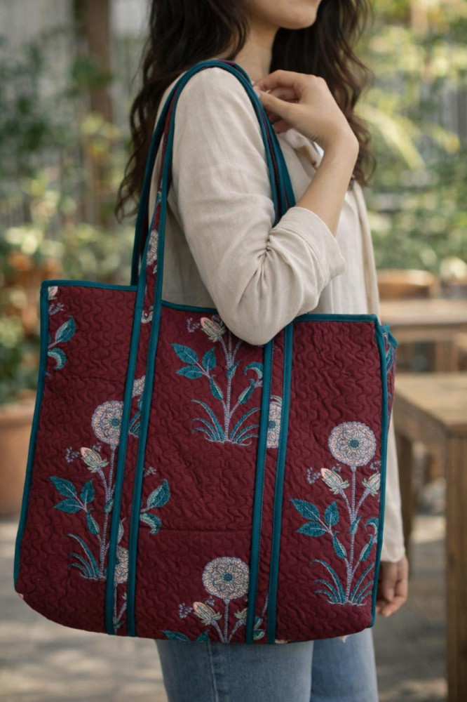 Image of Maroon Classic Cotton  Quilted Tote Bag with zip clousure
