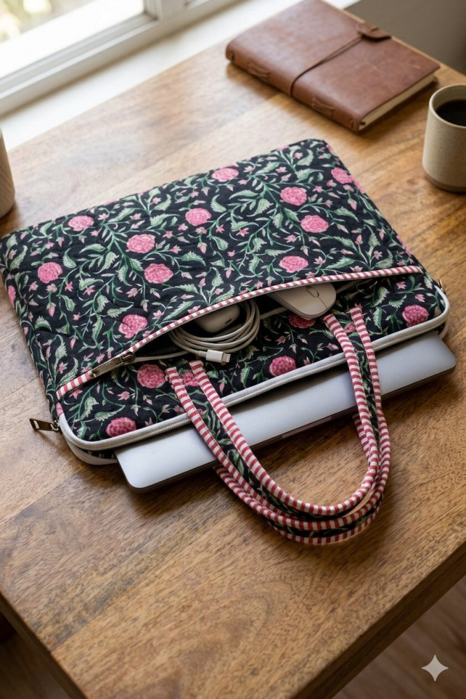 Image of Midnight Cotton Quilted Laptop Bag -12 x 16 inches