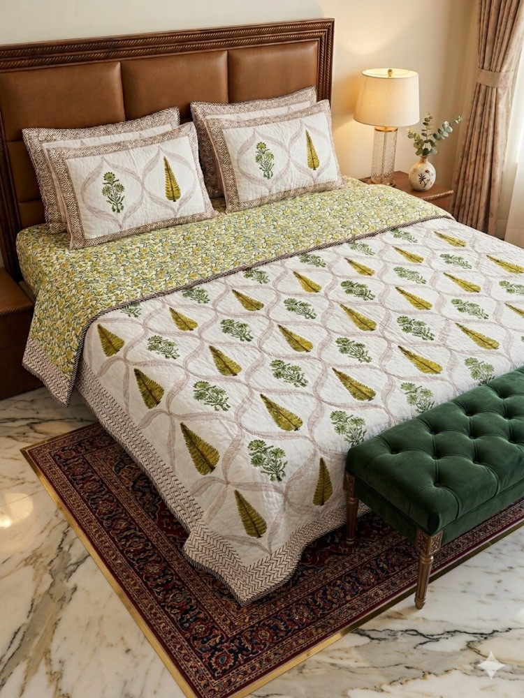 Image of Mustard Jaal Pure Cotton Handblock Quilted Bedcover