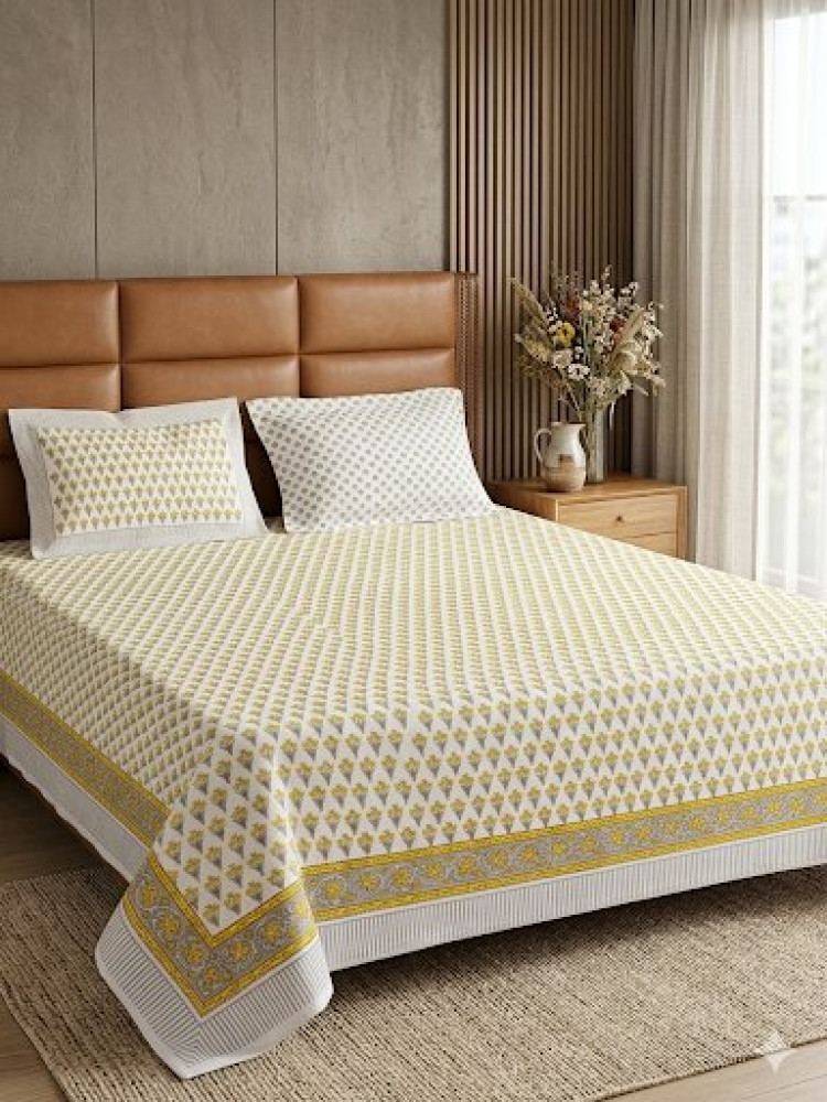 Image of Mustard Meadow Handblock King Size Bedsheet