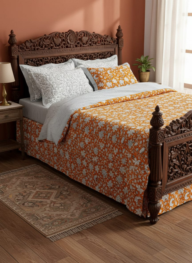 Image of Orange Blossom Handblock Super King Size Bedsheet