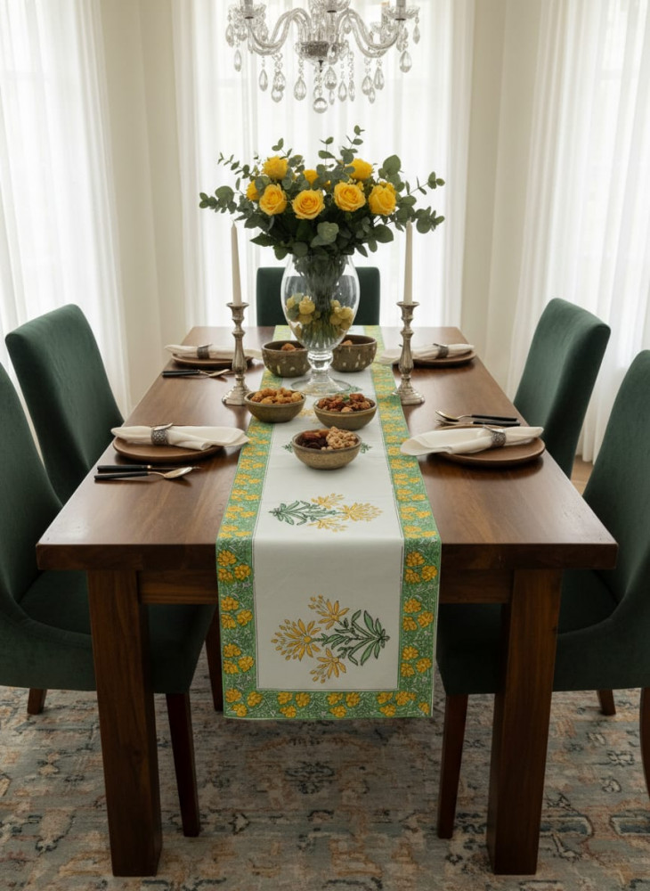 Image of Panna Pushp Handblock Canvas Cotton Table Runner