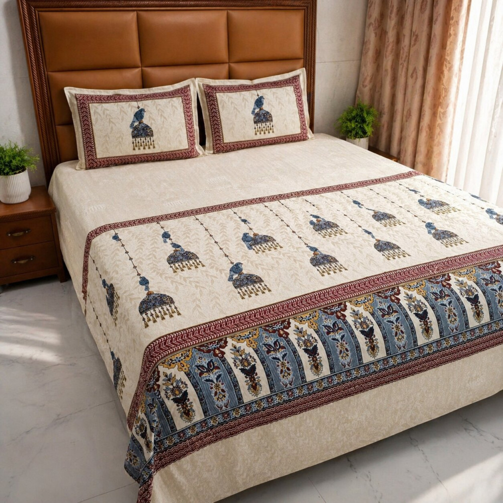 Image of Peacock Trail  Pure Cotton Super King Size Bedsheet