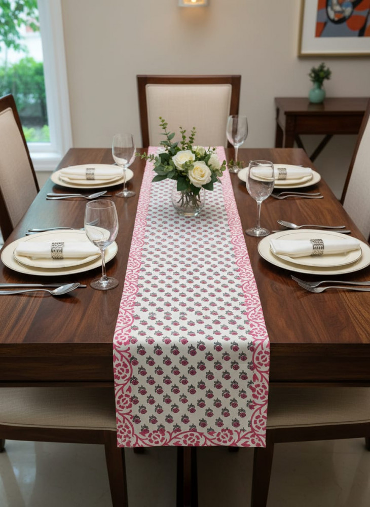Image of Petal Buti Handblock Canvas Cotton Table Runner