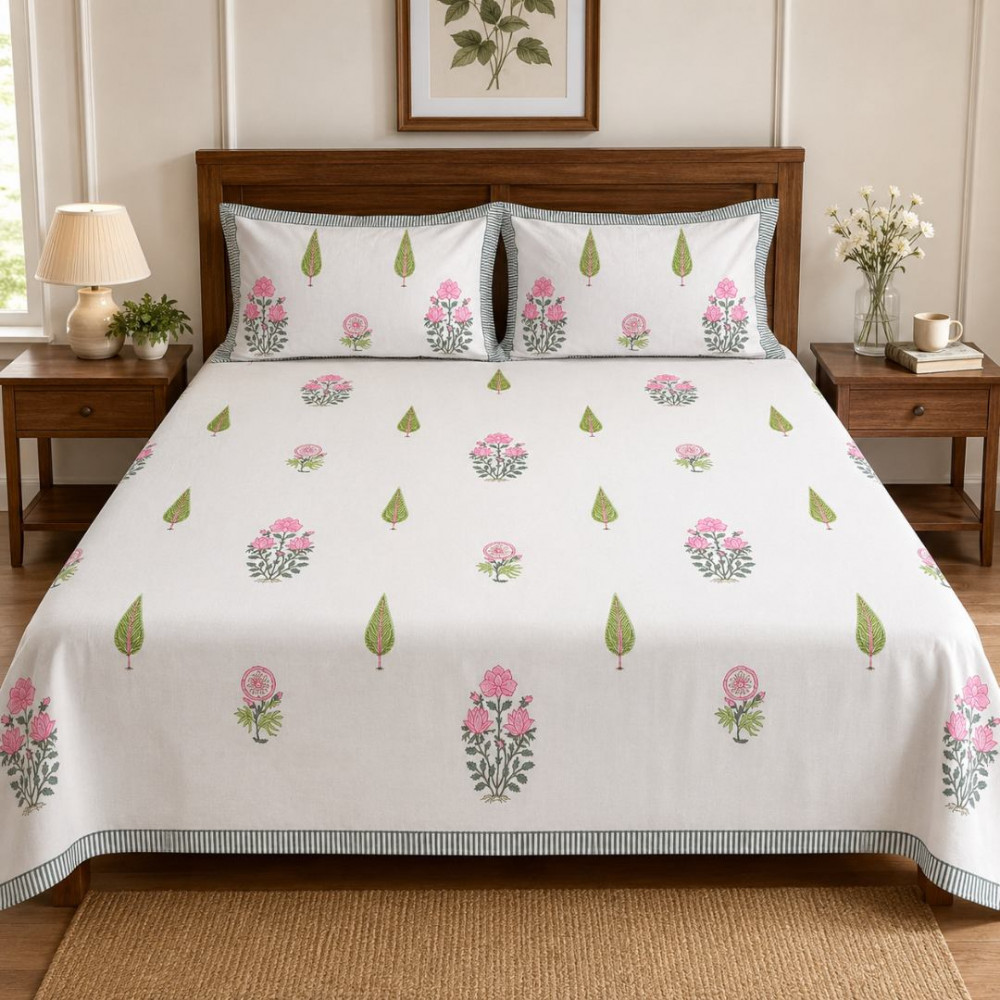 Image of Pink Blossom Percale Cotton Handblock Super King Size Bedsheet
