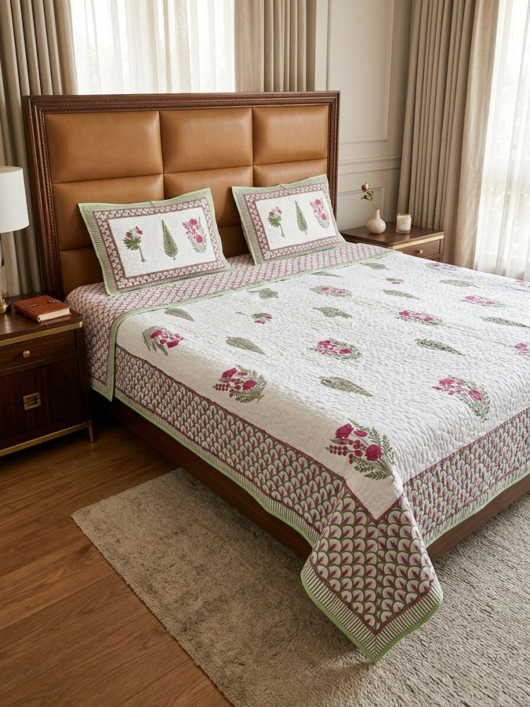 Image of Pink Floral Pure Cotton Handblock Quilted Bedcover