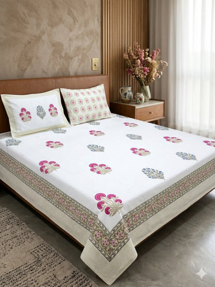 Image of Pink Lotus Handblock King Size Bedsheet