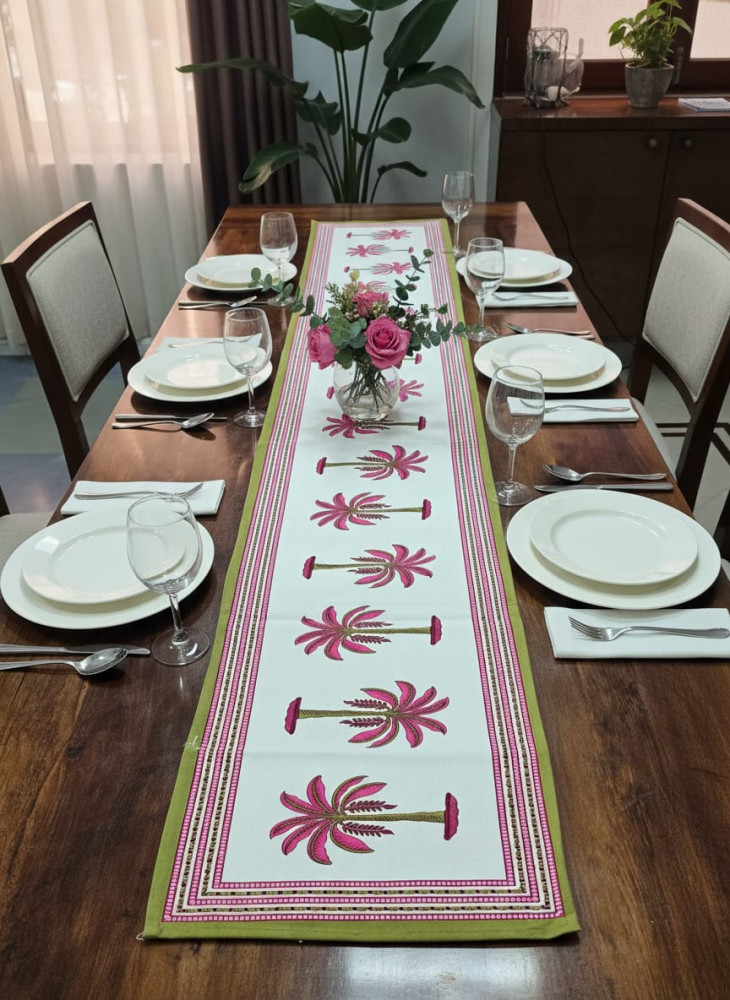 Image of Pink Palm Handblock Canvas Cotton Table Runner