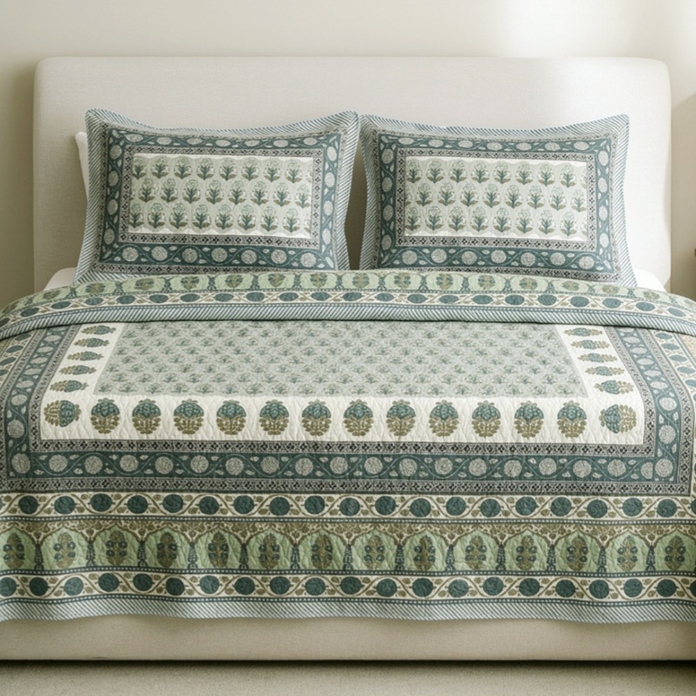 Image of Sage Green Pure Cotton Quilted Bedcover