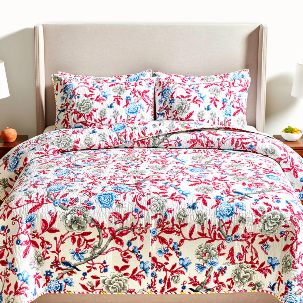 Image of Jaipuri Pink Pure Cotton Quilted Bedcover with Bird Motifs