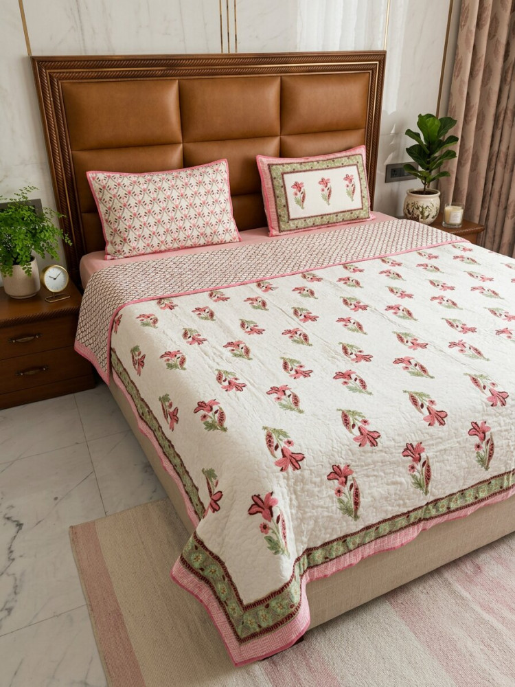 Image of Rose Handblock Pure Cotton Handblock Quilted Bedcover