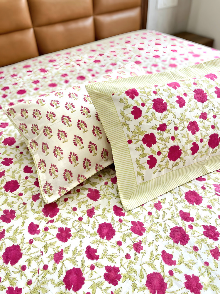 Image of Rose Meadow Percale cotton Handblock King Size Bedsheet