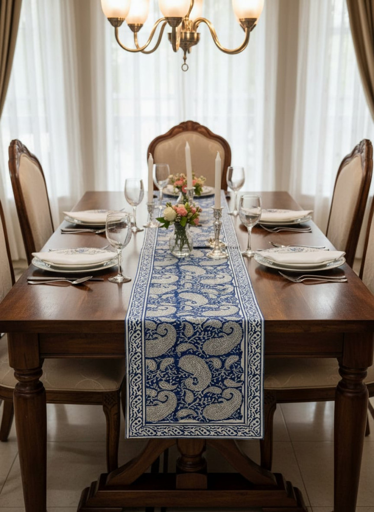 Image of Royal Paisley Handblock Canvas Cotton Table Runner