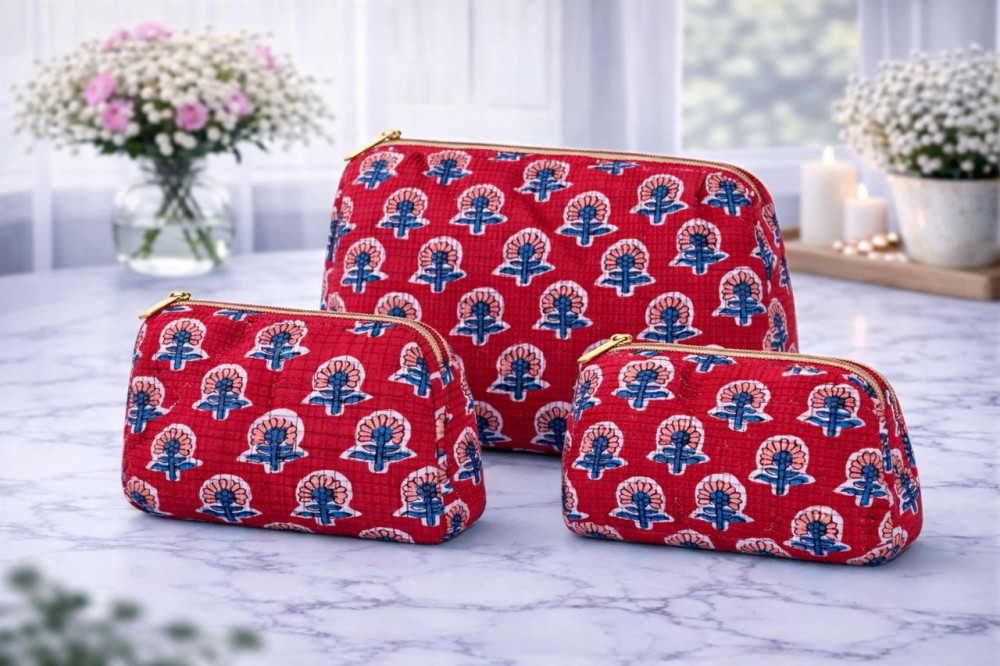 Image of Ruby Motif Cotton Quilted Utility Pouch Set of 3