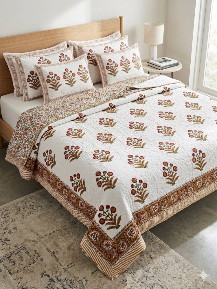 Image of Rust Blossom Pure Cotton Handblock Quilted Bedcover