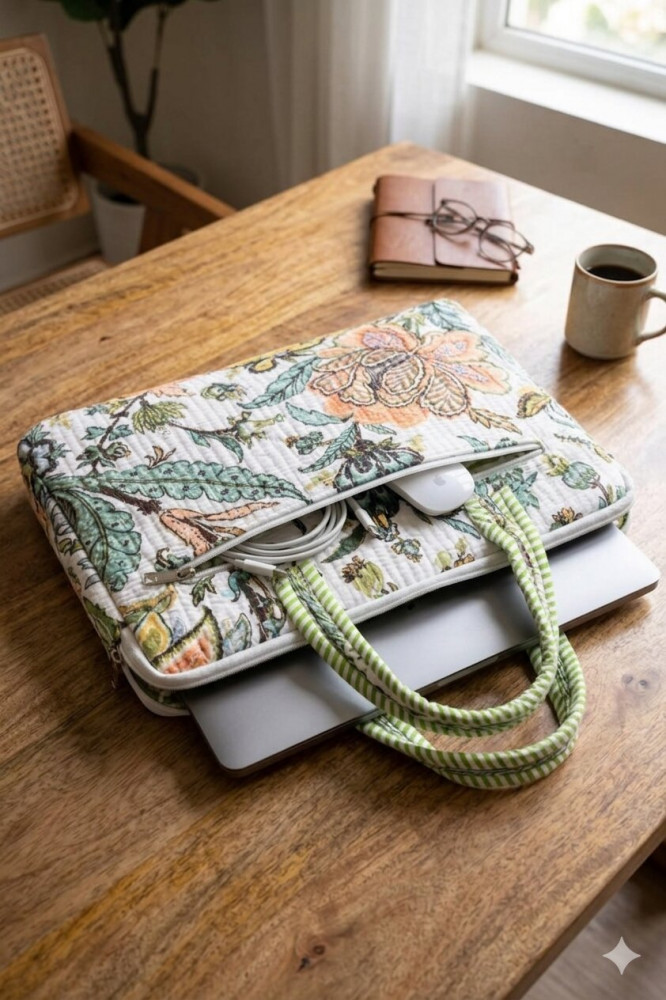 Image of Sage  Cotton Quilted Laptop Bag -12 x 16 inches