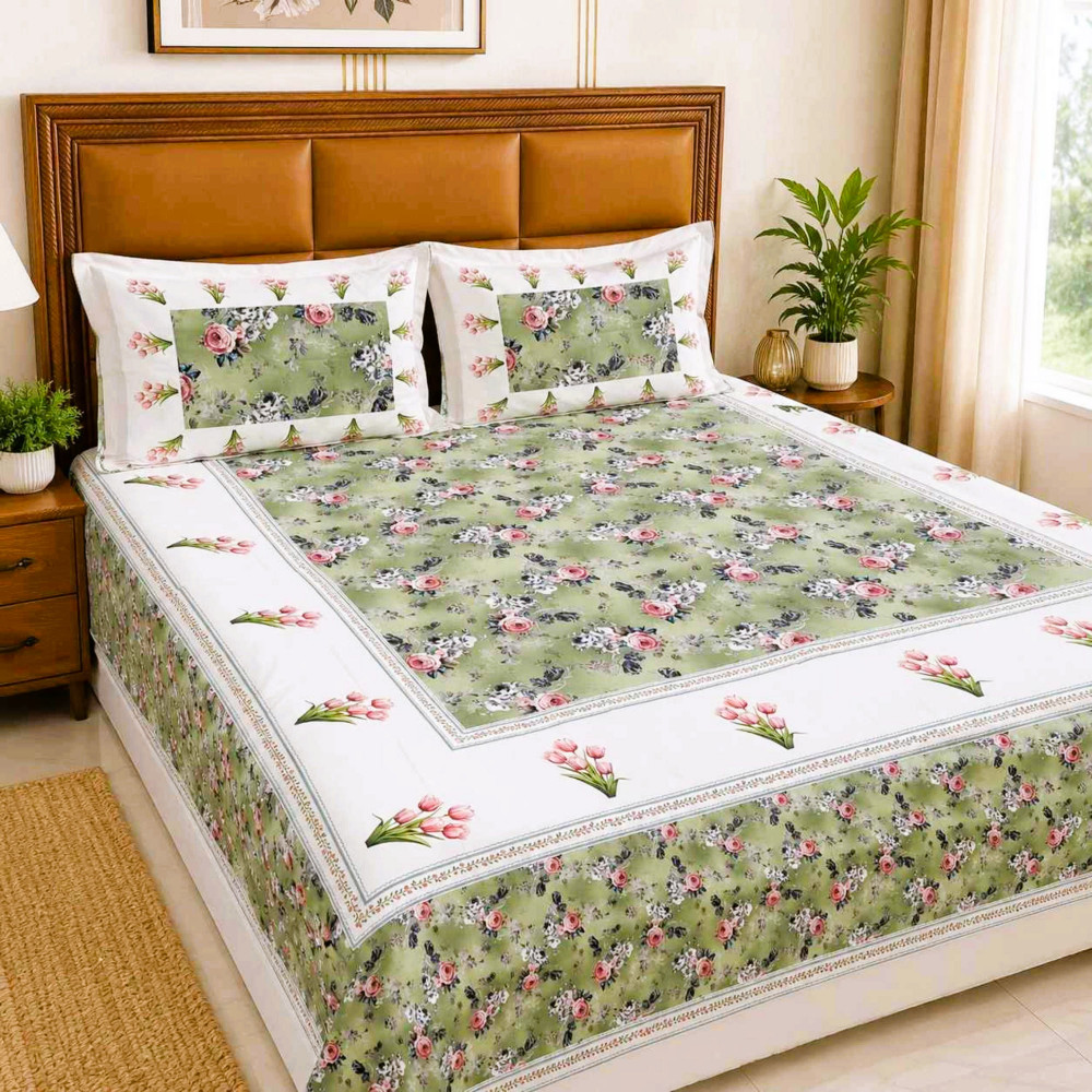 Image of Sage Blossom Pure Cotton Super King Size Bedsheet