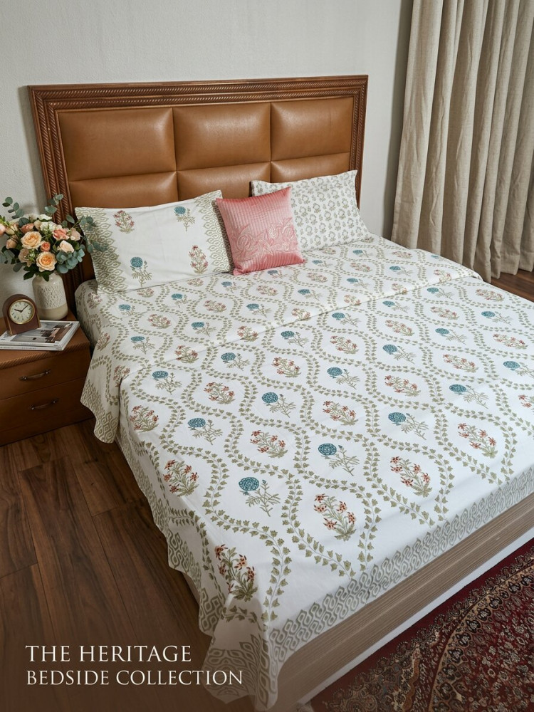 Image of Sage Cotton Handblock Super  King Size Bedsheet