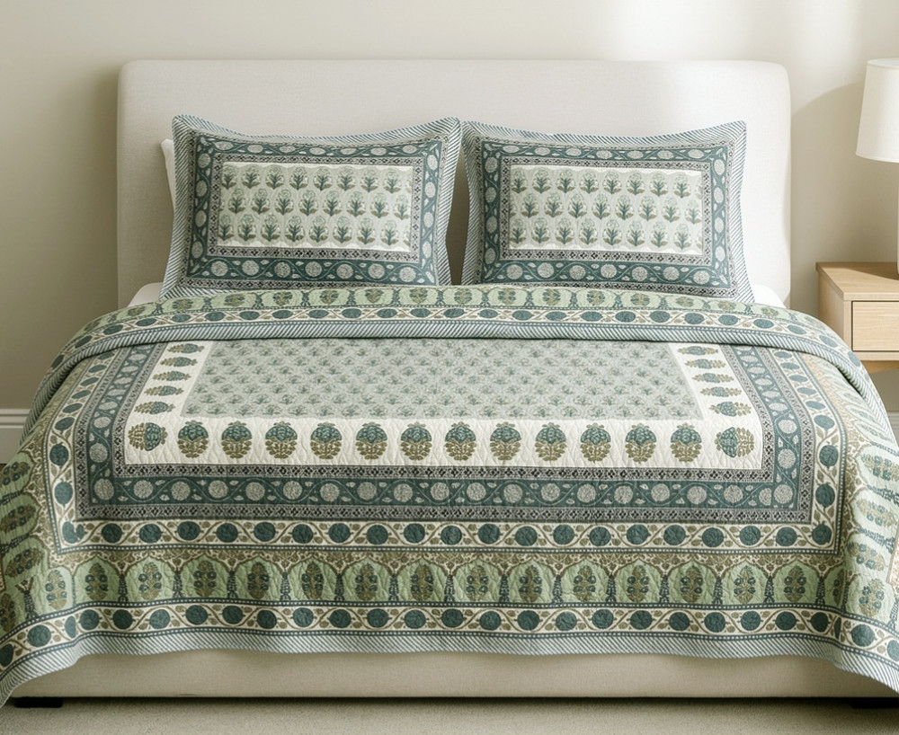 Image of Sage Green Pure Cotton Quilted Bedcover