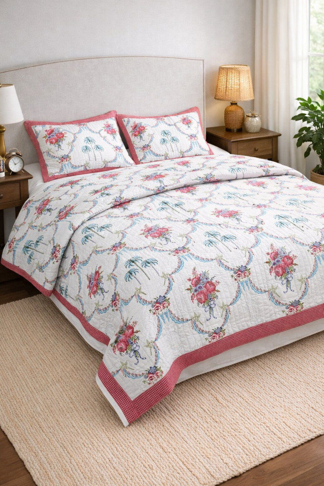 Image of Scallop Floral Print Pure Cotton Quilted Bedcover