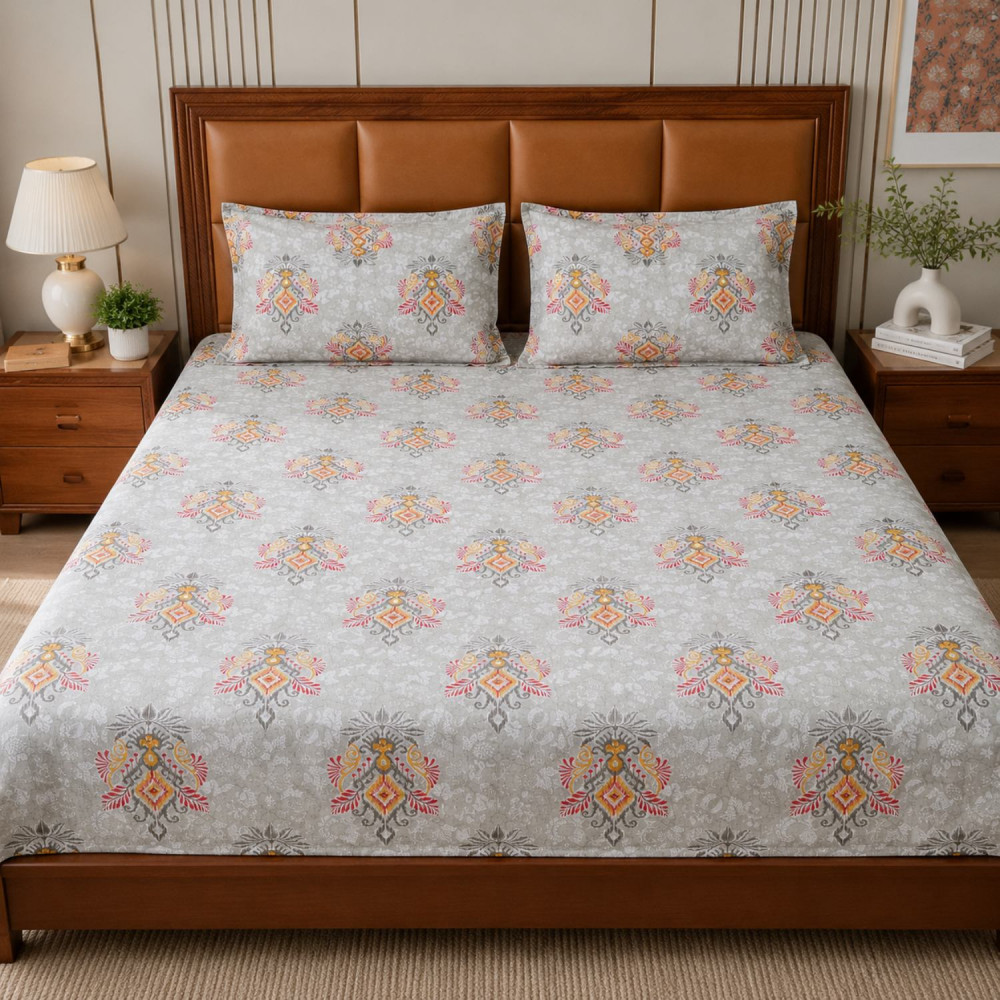 Image of Silver Bloom Pure Cotton Super King Size Bedsheet