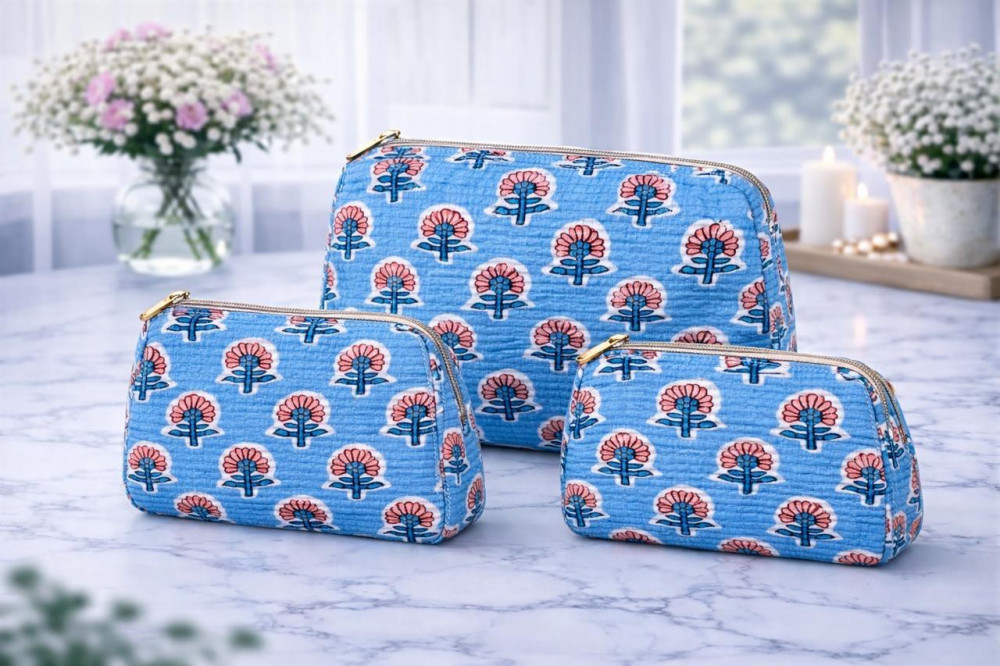 Image of Sky Blossom Cotton Quilted Utility Pouch Set of 3