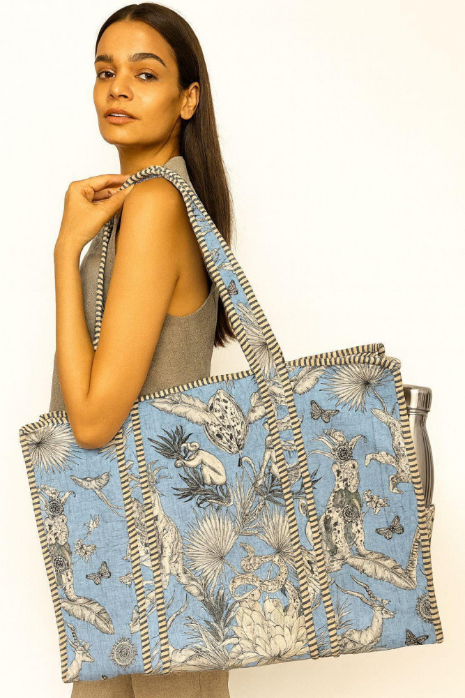 Image of Sky Safari Cotton  Quilted Tote Bag with zip clousure and side pocket