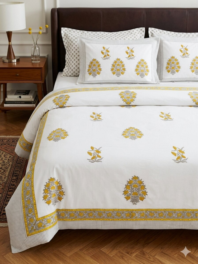 Image of Sun Bloom Handblock King Size Bedsheet