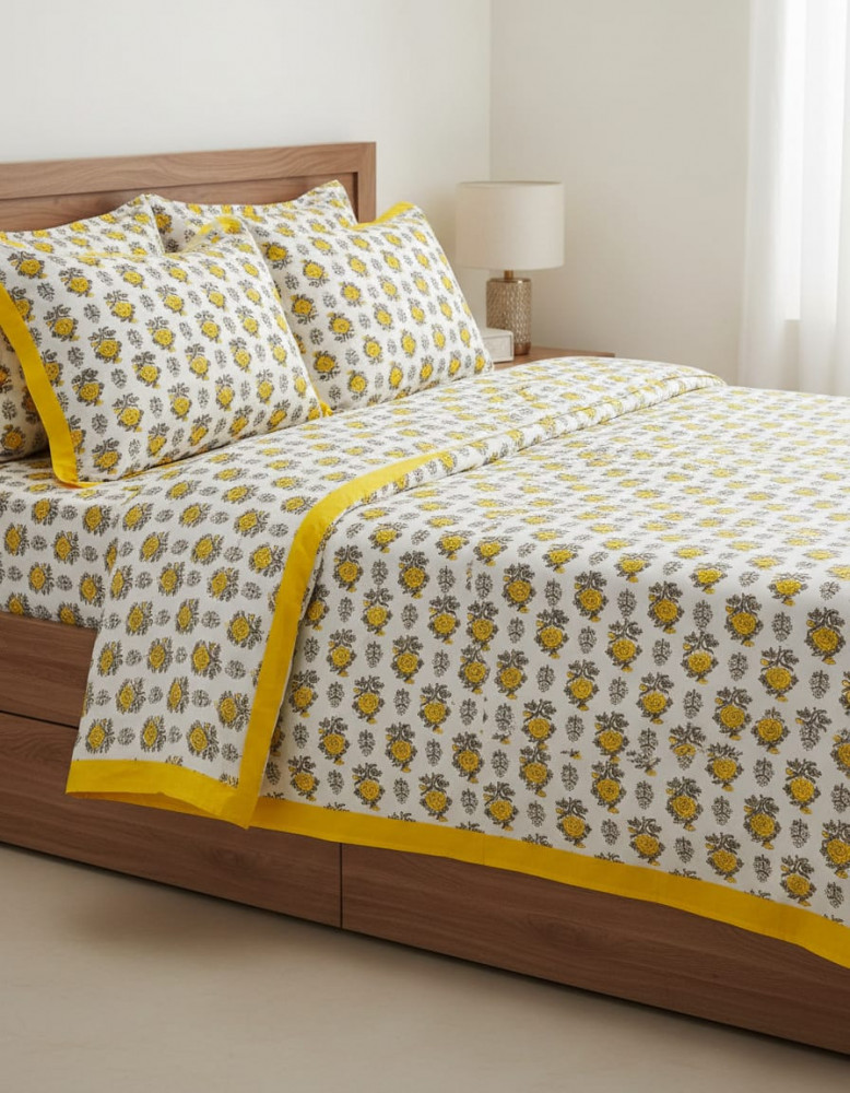 Image of Sun Daisy Percale Cotton Handblock King Size Bedsheet