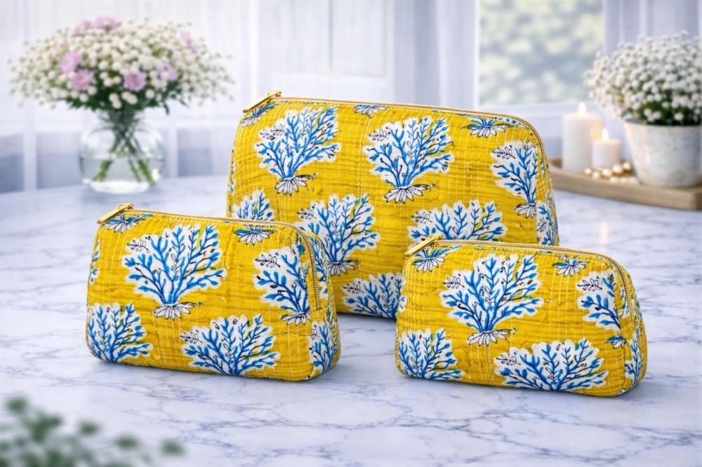 Image of Sunshine Bloom Cotton Quilted Utility Pouch Set of 3