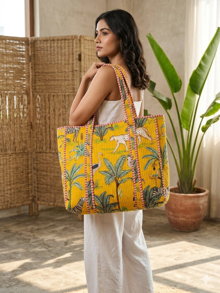 Image of Sunshine Safari Cotton  Quilted Tote Bag with zip clousure