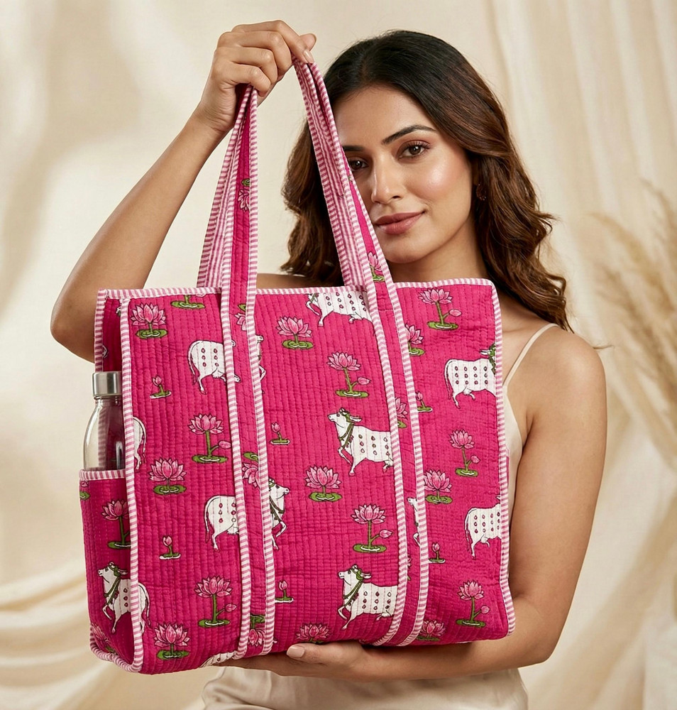 Image of Tropical Pink Cotton  Quilted Tote Bag with zip clousure and side pocket