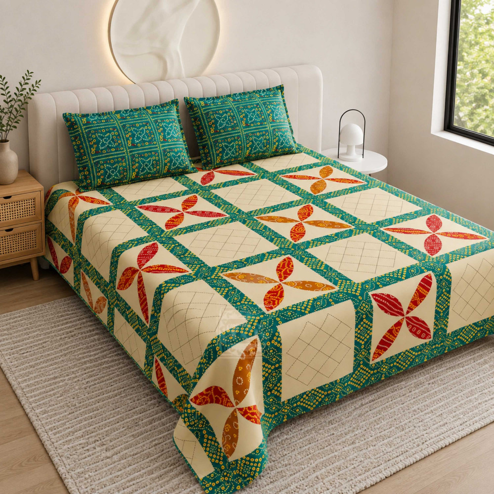 Image of Turquoise Bandhej Pure Cotton Super King Size Bedsheet