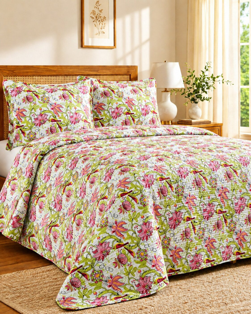 Image of Vintage Bird Print Pure Cotton Quilted Bedcover