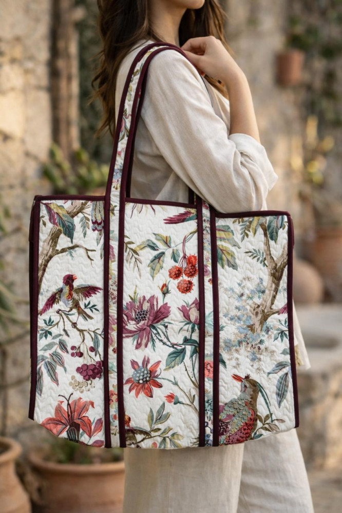 Image of Vintage Flora Cotton  Quilted Tote Bag with zip clousure