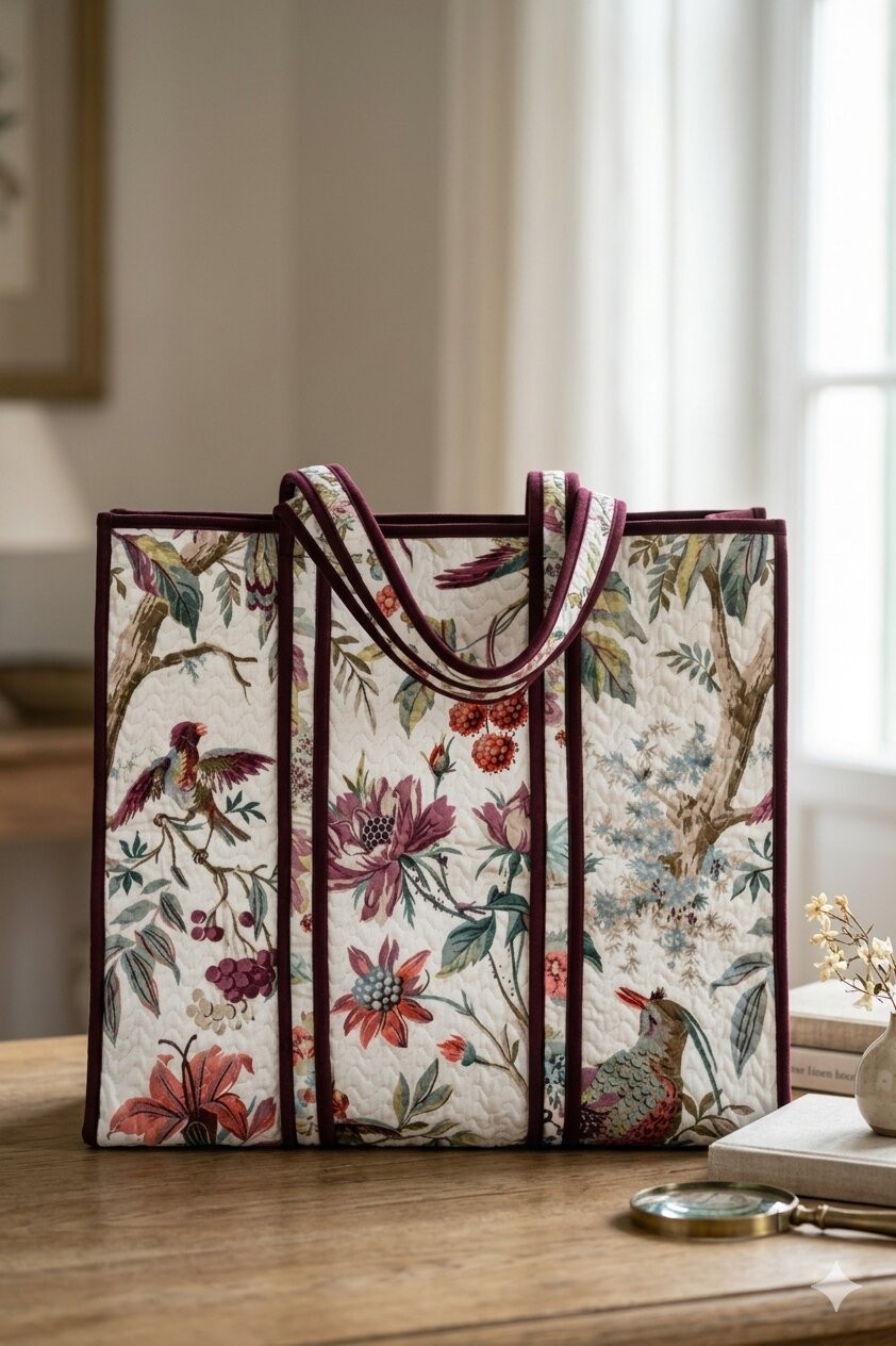 Vintage Flora Cotton  Quilted Tote Bag with zip clousure