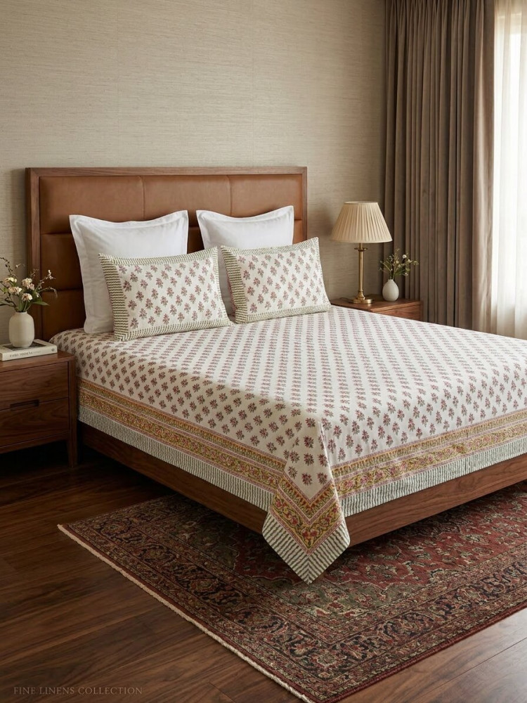 Image of Yellow Bloom Cotton Handblock King Size Bedsheet