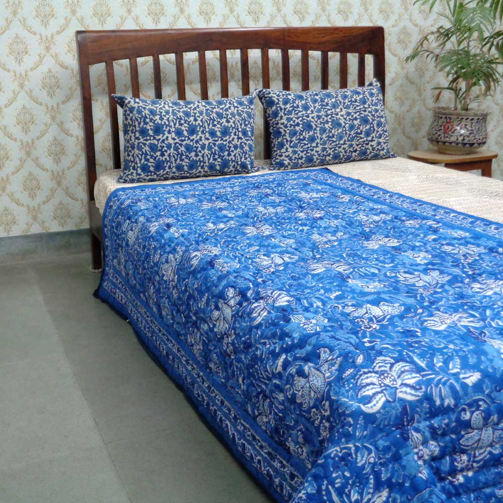 Indian Hand Block Printed Cotton Twin Quilt Anarkali Blue Gud 106797