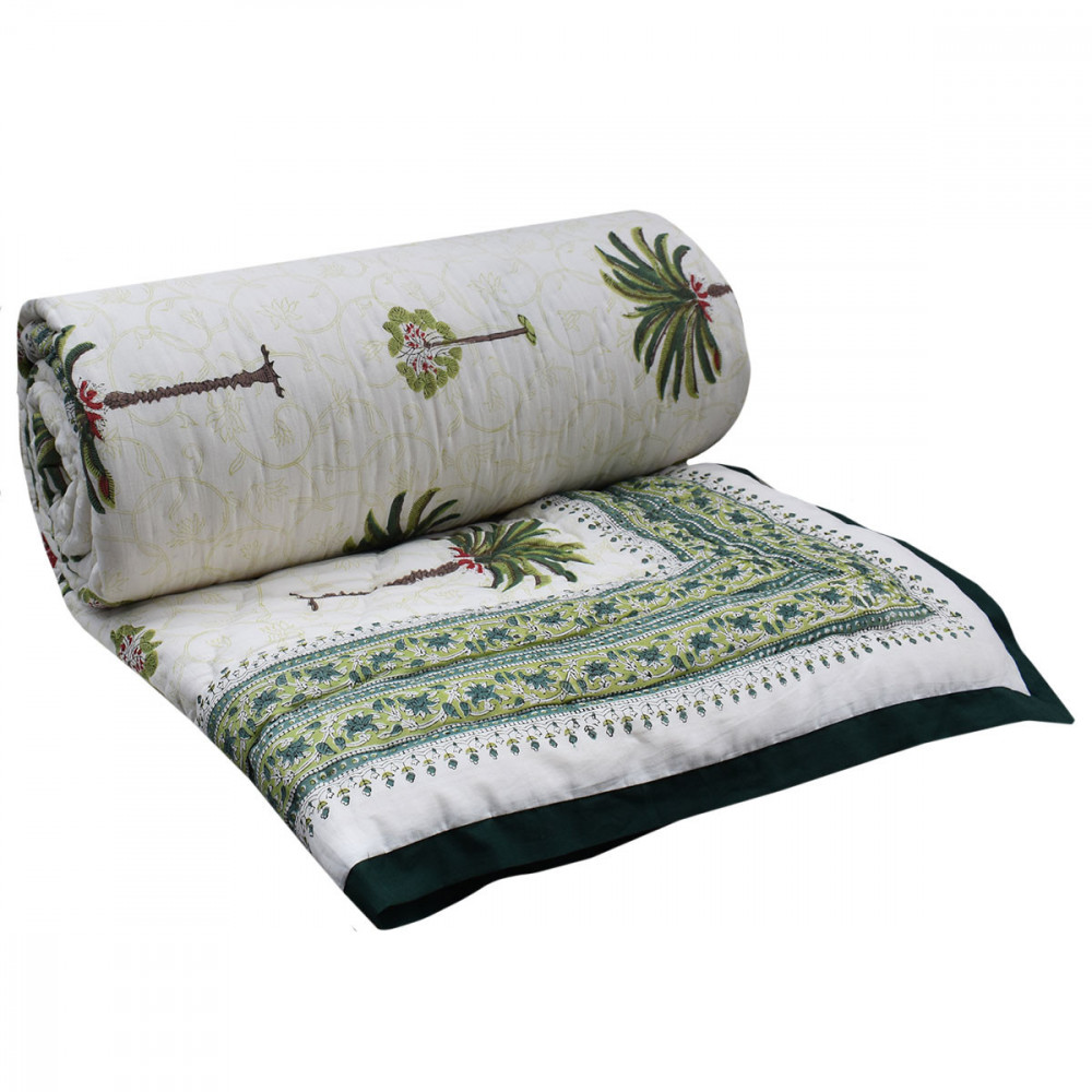 Image of Hand Block Printed Cotton Medium Size Quilt | Palm Tree Green 109024