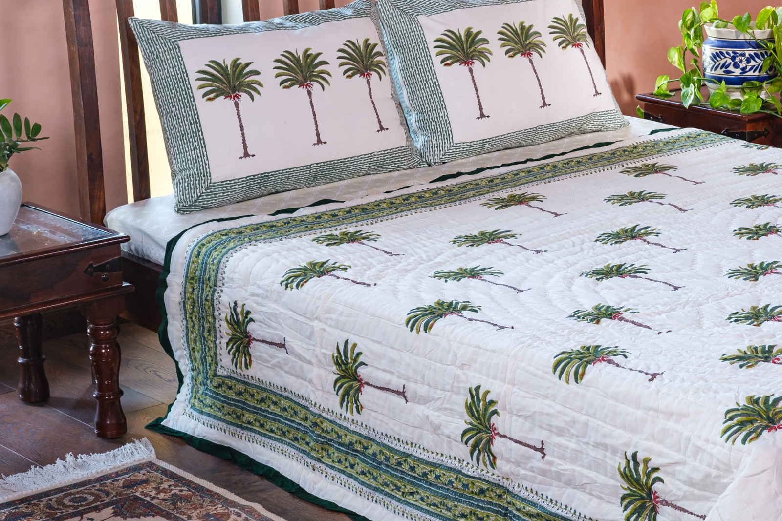 Hand Block Printed Cotton Twin Size Quilt Palm Tree Green 109024
