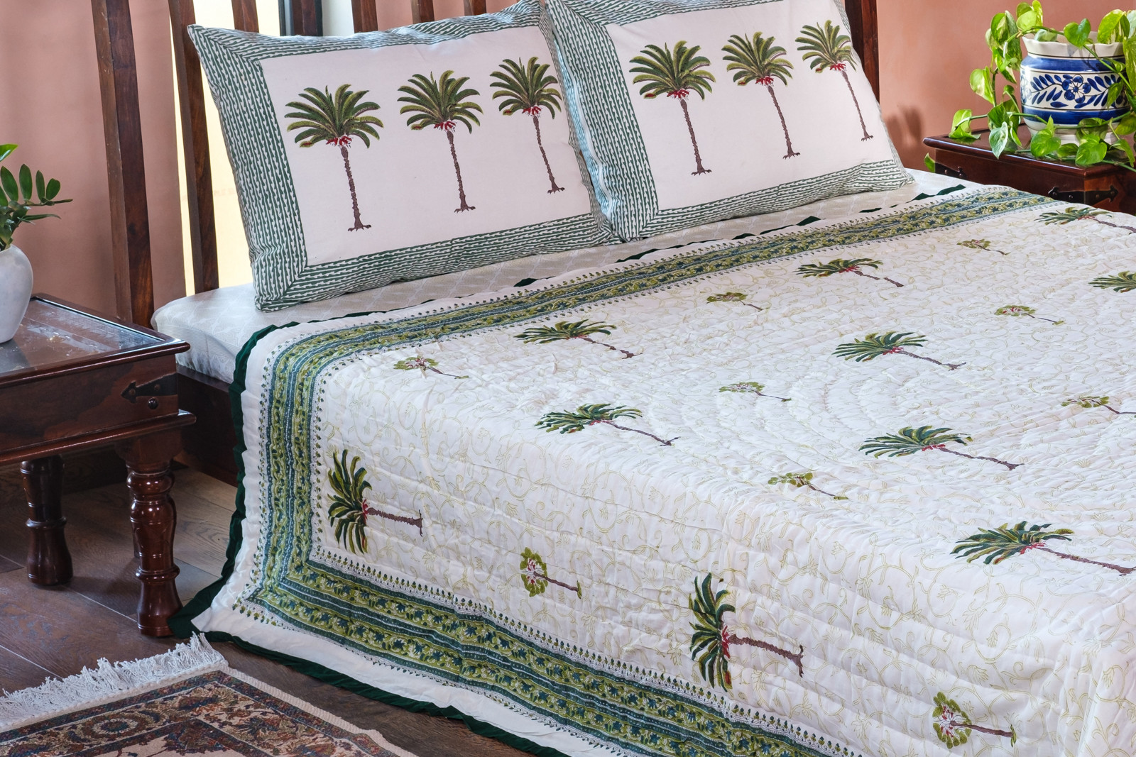 Hand Block Printed Cotton Twin Size Quilt Palm Tree Green 109024