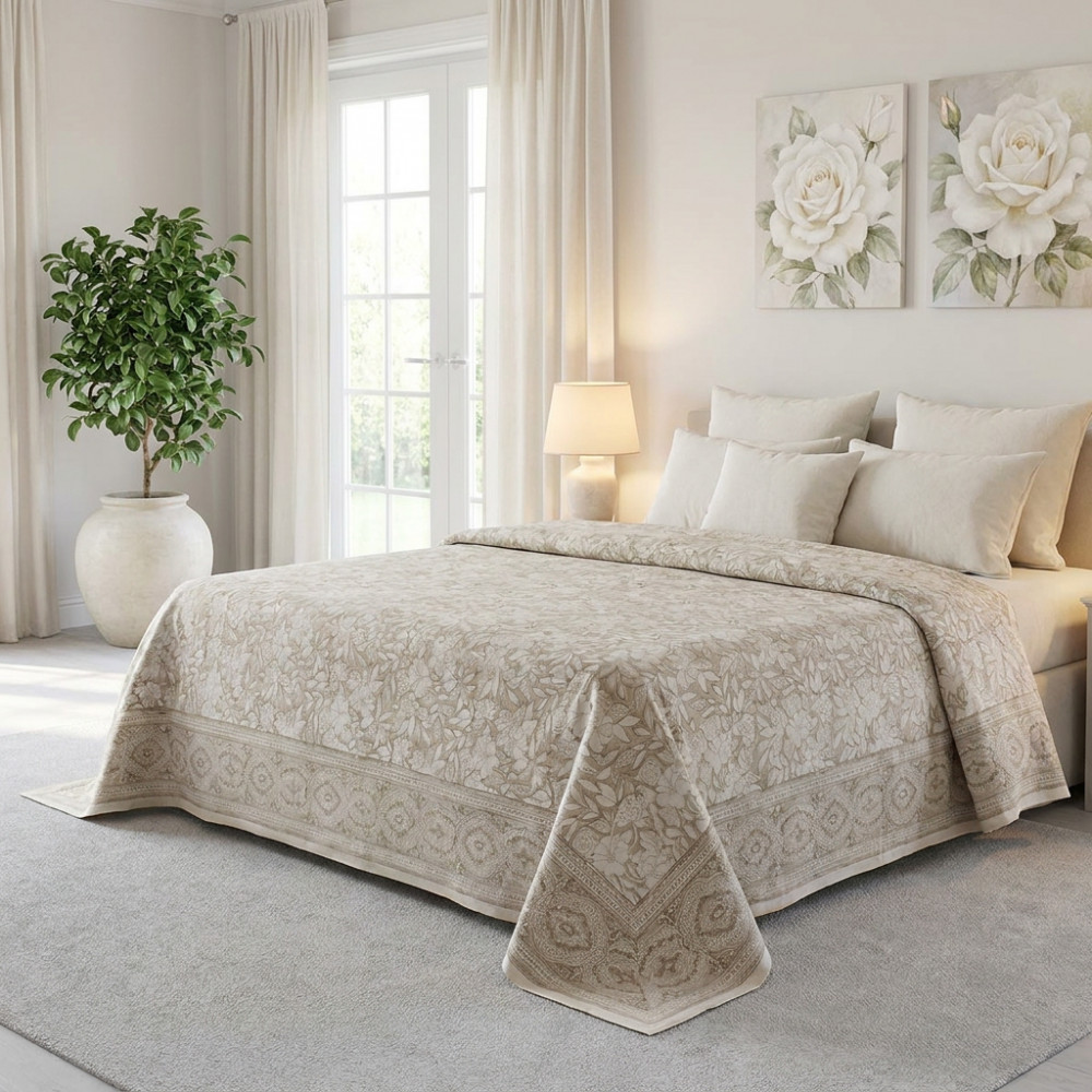 Image of HKing Size Block Printed Percale Fine Cotton Bedspread with 2 Pillow Cases | 100932