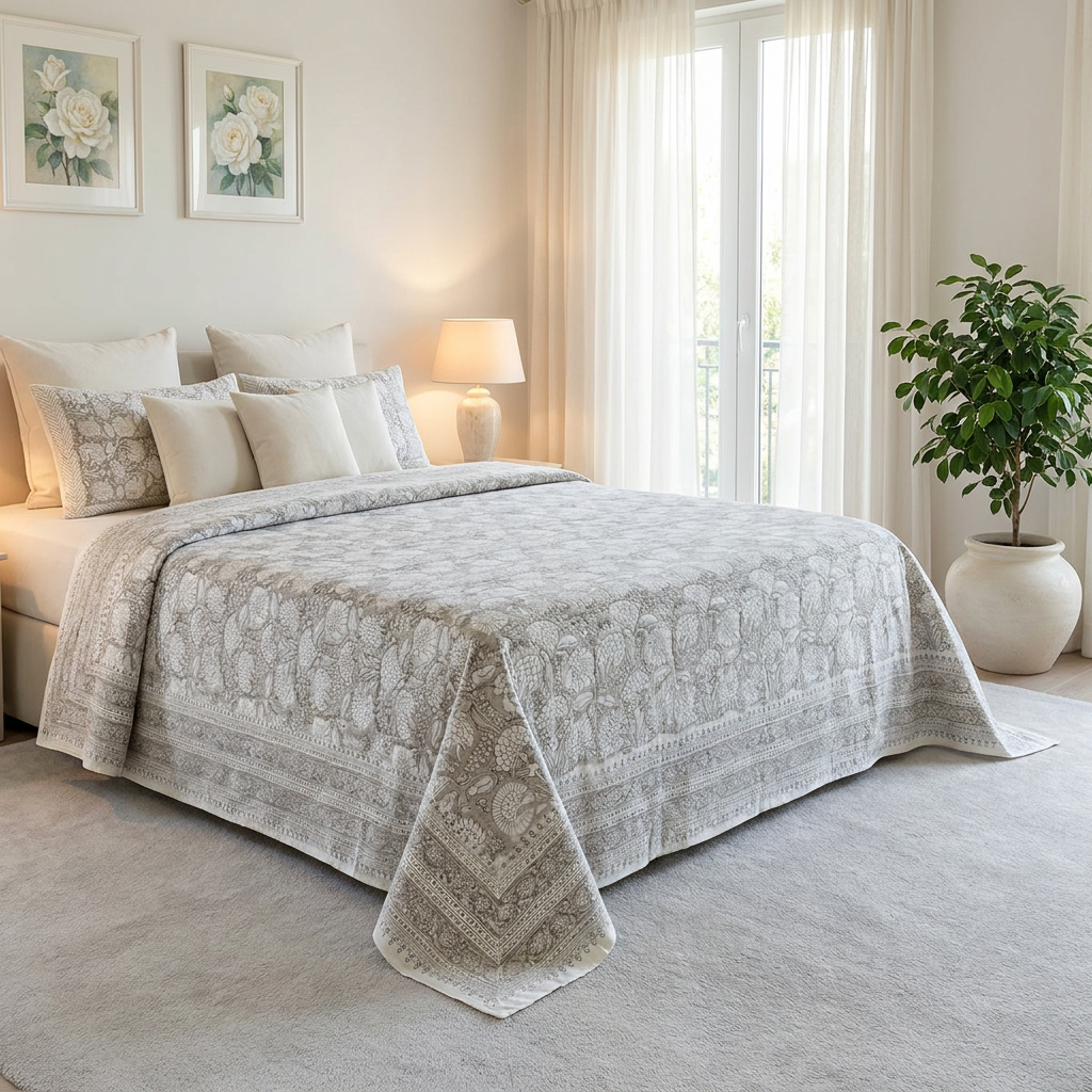 King Size Block Printed Percale Fine Cotton Bedspread with 2 Pillow Cases 100946