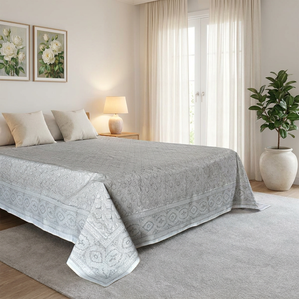 King Size Block Printed Percale Fine Cotton Bedspread with 2 Pillow Cases   100949