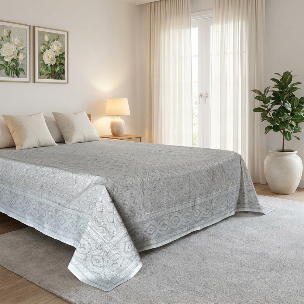 Image of King Size Block Printed Percale Fine Cotton Bedspread with 2 Pillow Cases  | 100949