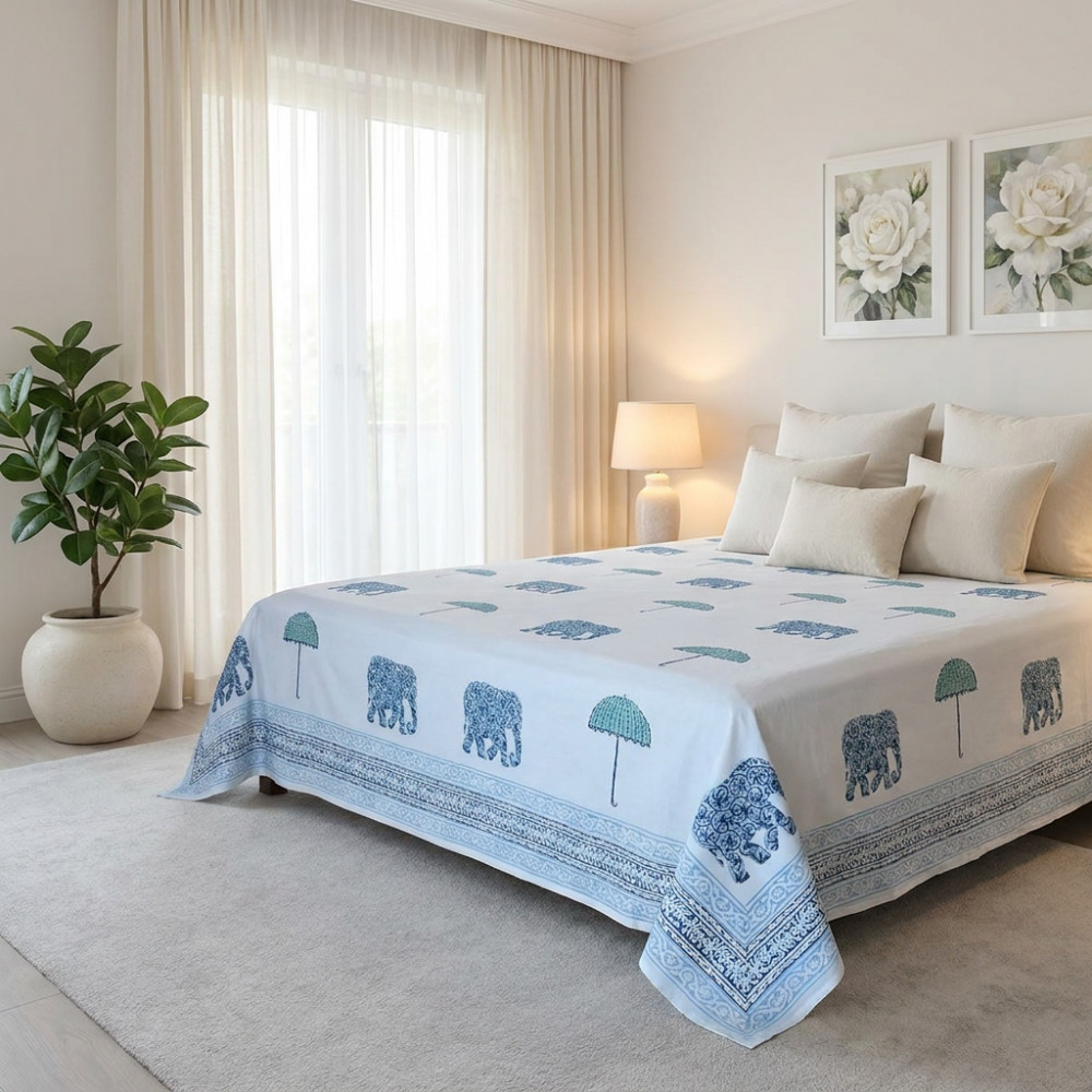 Image of King Size Block Printed Percale Fine Cotton Bedspread with 2 Pillow Cases  | 100955