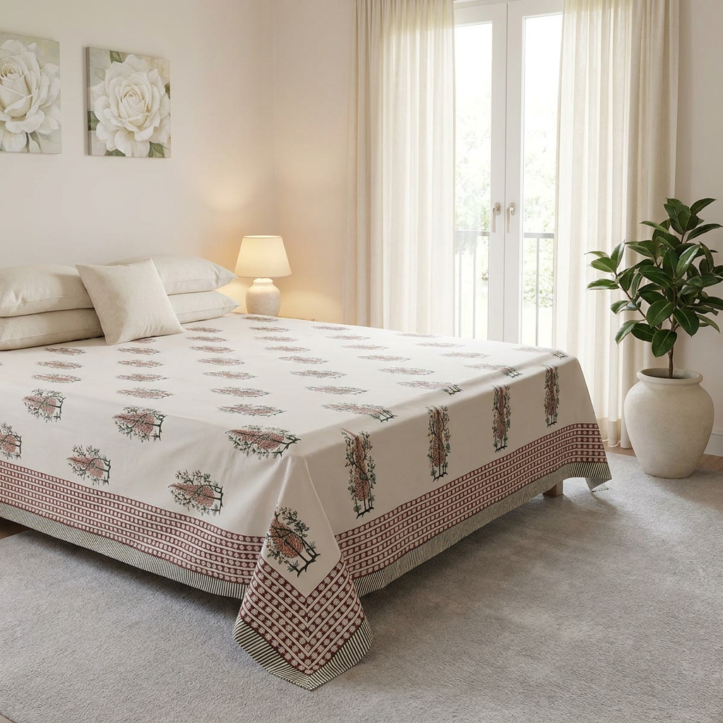 Hand Block Printed Cotton Percale Queen Size Bedspread 106726